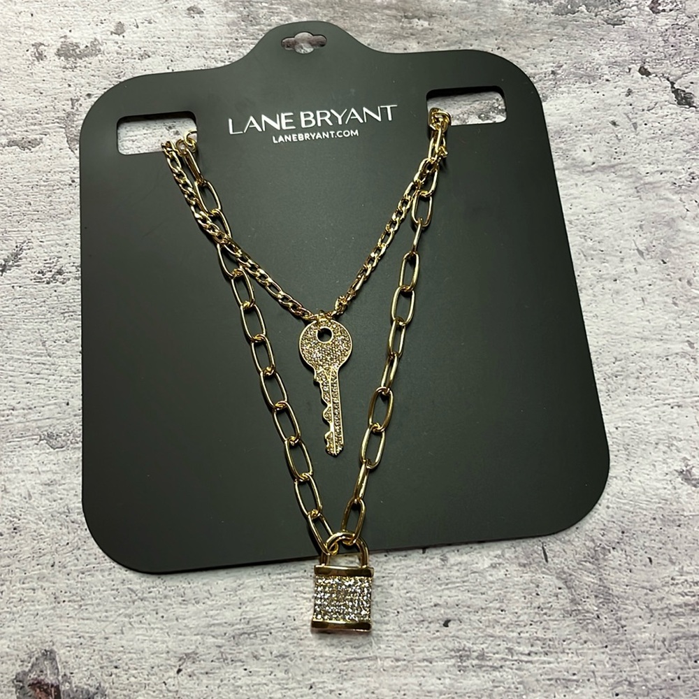 NWT Lane Bryant Gold Pavé Lock & Key Necklace Set